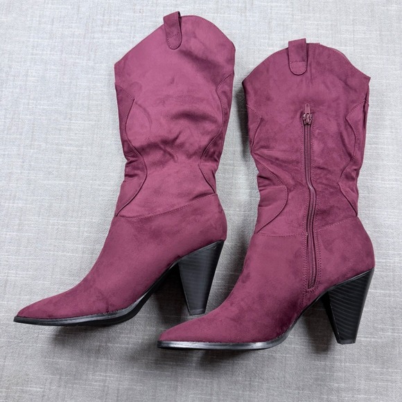 Shoes - Burgundy Faux Suede Western Mid Calf Boots Pointed Toe Cone Heel Womens 9.5